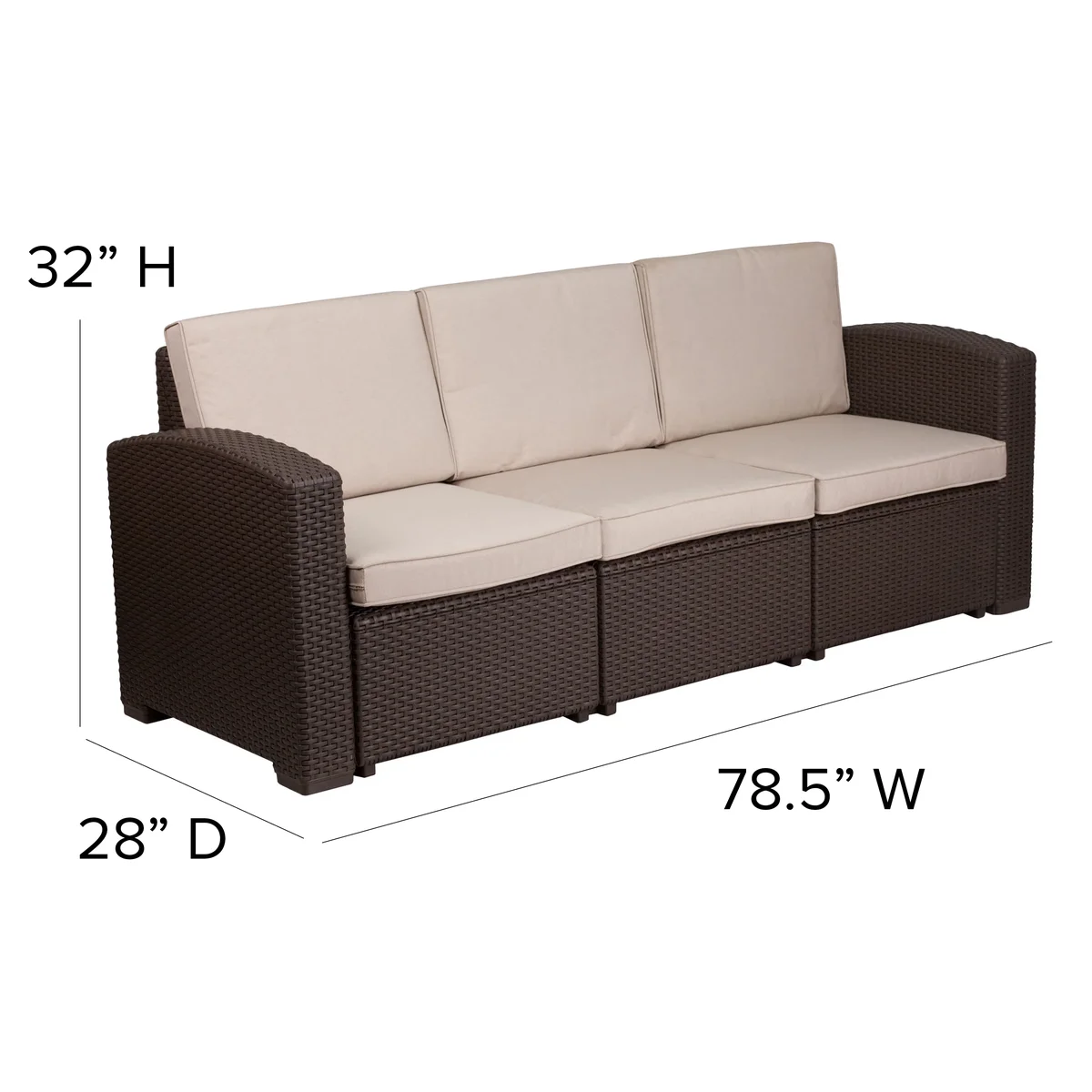 Emma + Oliver Chocolate Brown Faux Rattan Sofa with Beige Cushions 6979