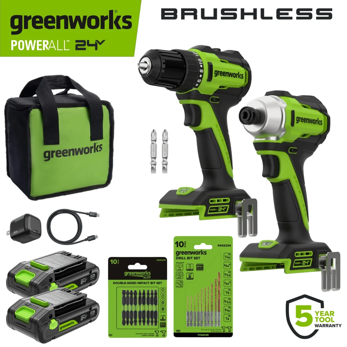 Greenworks PowerAll 24V Brushless 300 in-lbs Drill Driver + Impact Driver, (2) 2Ah Batteries, 30W Charger and Cable, 2 Belt Clips and 2 bits and  0077