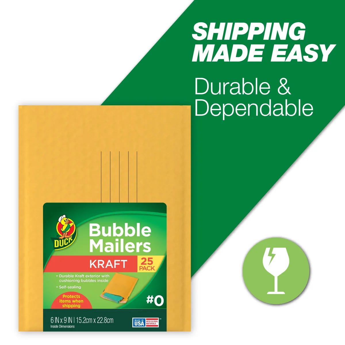 Duck Brand Duck Self-Seal Kraft Bubble Mailer #0, 6" x 9", Manila, 25 Pack 9550