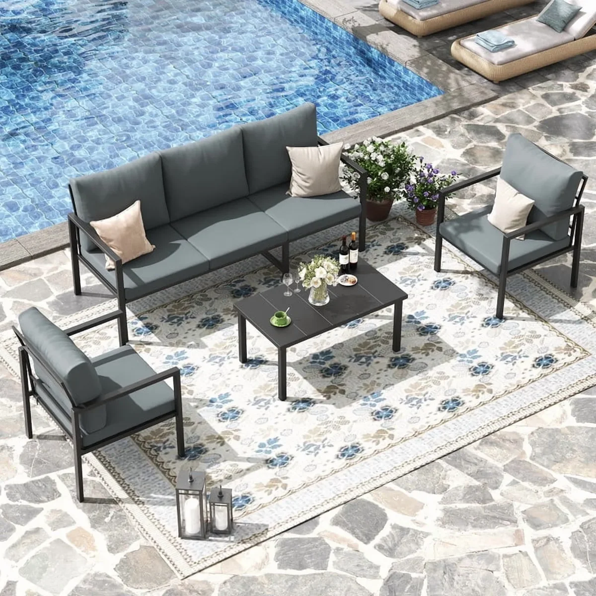 MRUAKA 4-Piece Outdoor Patio Conversation Set, Metal Frame Furniture Sofa with Armchairs & Coffee Table, Weather-Resistant Cushions for Balcony,  5695