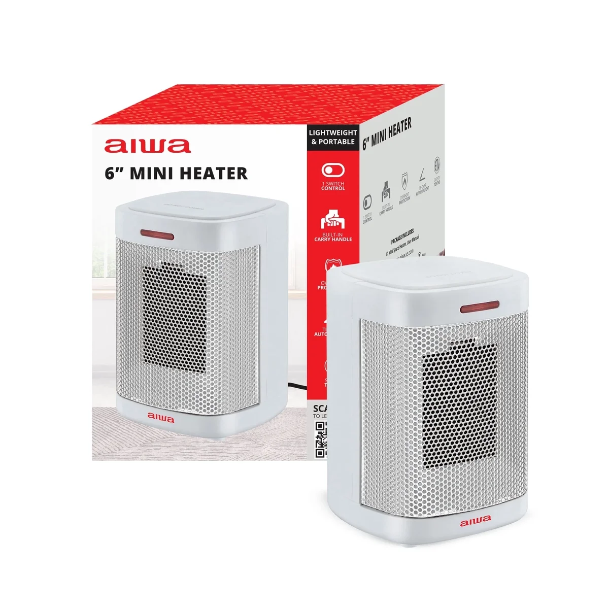 Aiwa Ceramic Space Heater, 500W Mini Portable Indoor Electric Heater with Handle, Easy Single Switch, Overheat Protection & Tip-Over Auto-Shutoff 4759