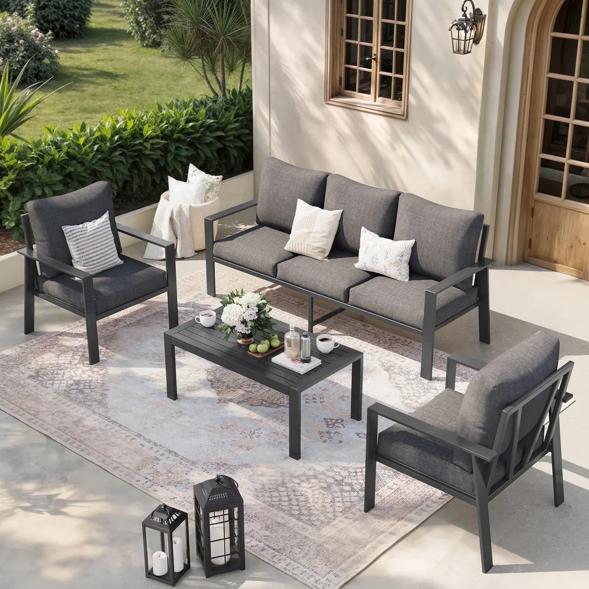 MRUAKA Aluminum Patio Furniture Set, 6 Pcs Modern Outdoor Sofa Sets, Outdoor Sectional Patio Conversation Set with Coffee Table for Backyard, Poo 0347