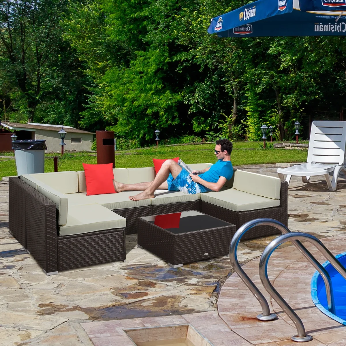 Outsunny 7 Piece Outdoor Patio Furniture Set, PE Rattan Wicker Sectional Sofa Set with Couch Cushions, Pillows, Coffee Table, Cream White 6321