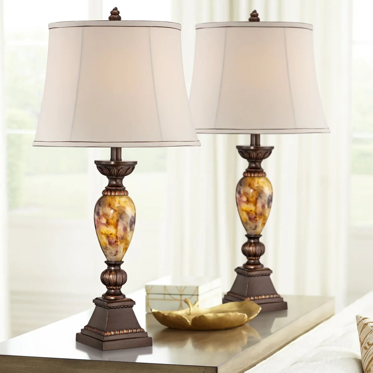 Everdaily Essentials Vintage Table Lamps 30" Tall Set of 2 Aged Bronze Marbleized Golden Off White Oval Shade for Living Room Bedroom 9398