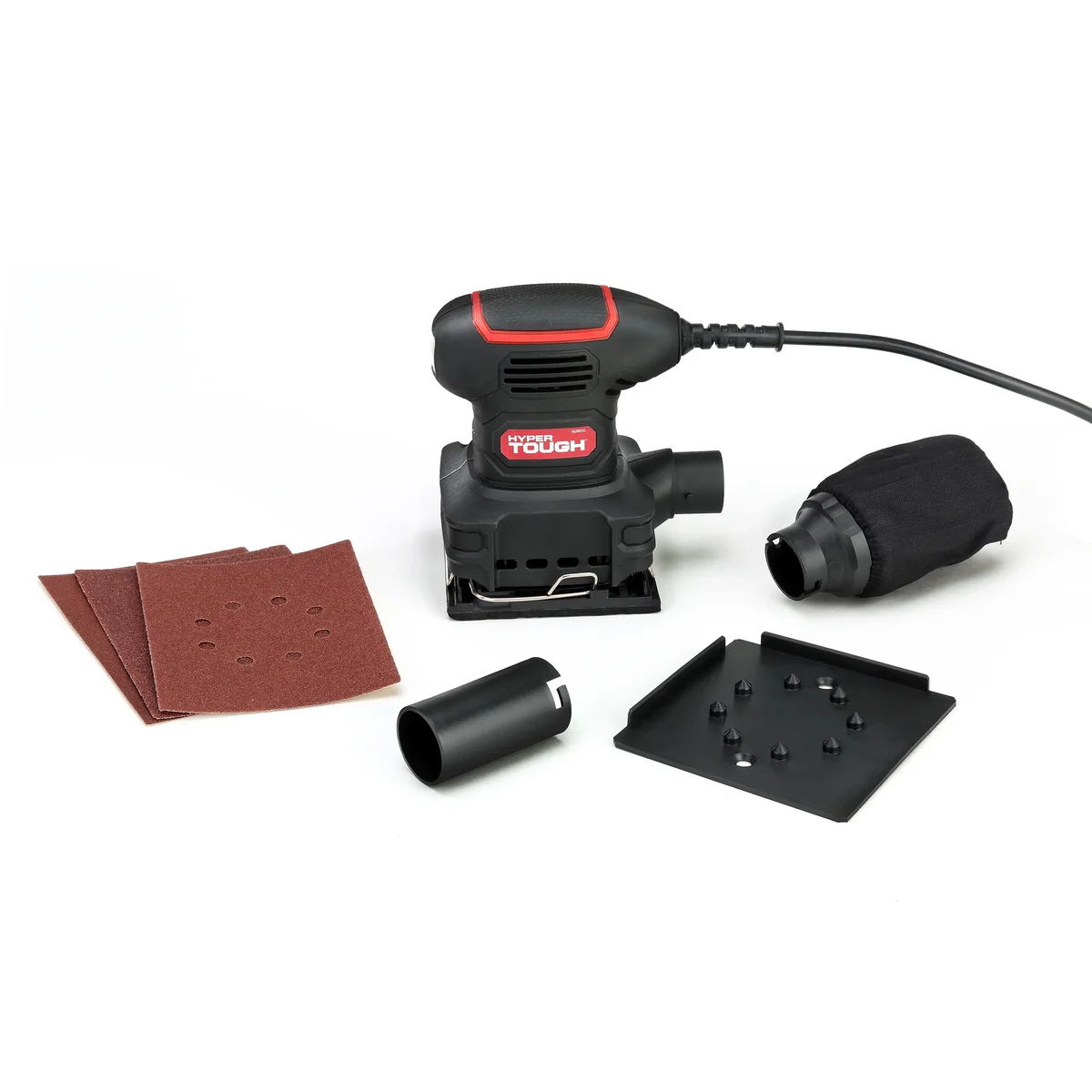 Hyper Tough 2 Amp Corded 1/4 Sheet Palm Sander with Dust Bag, Vacuum Hose Adapter, Punch Plate & 3 Sanding Sheets, New Condition 5396