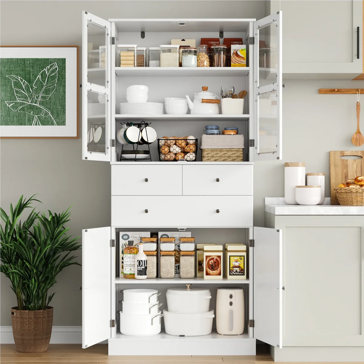 Homfa 71'' Tall Pantry Cabinet with 5-Tier Shelves & 3 Drawers for Kitchen Dining Room, 4 Doors Storage Cabinet Bookcase  for Home Office , White 7542
