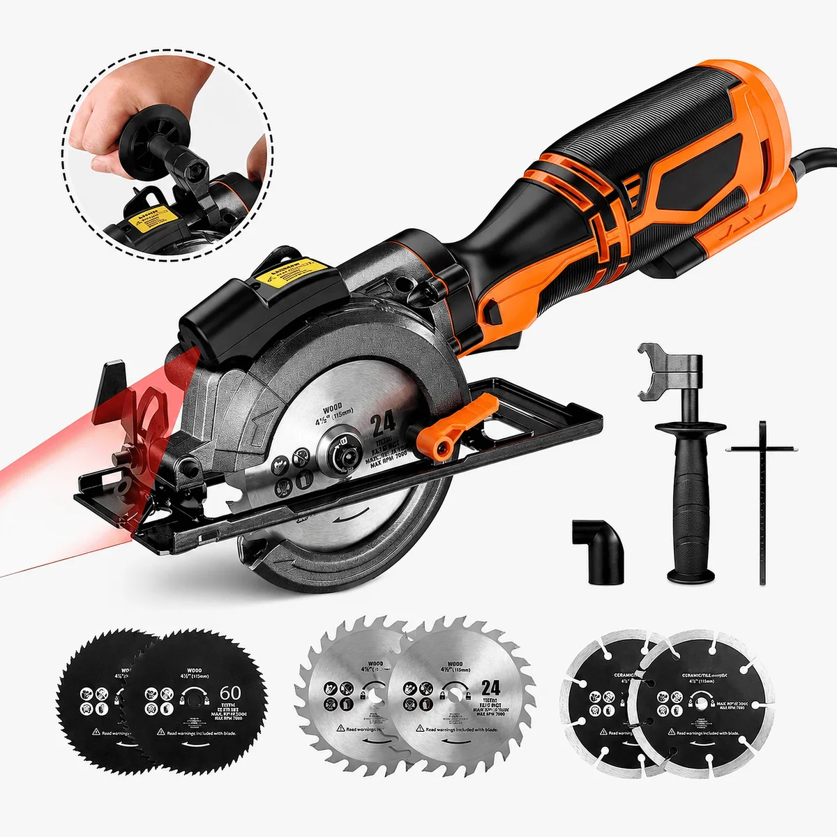 DOVAMAN Corded Compact Circular Saw w/Laser, Metal Handle, 6 Blades, 5.8A Motor, Max Cutting Depth 1-11/16'' (90°), 1-1/8'' (45°) 8595