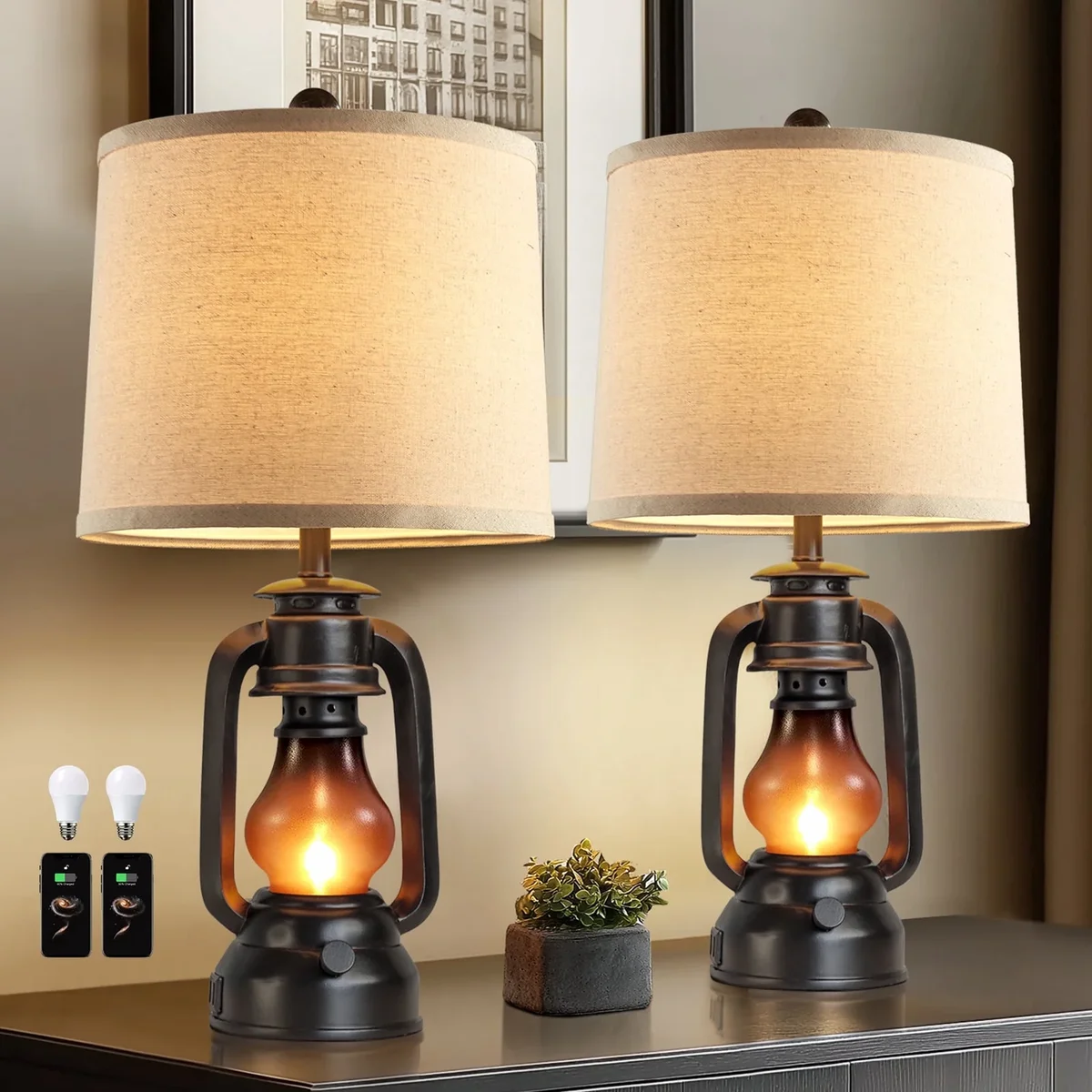 Everdaily Essentials 22" Farmhouse Lantern Table Lamp Set of Two with Dual USB Charging Ports, Suitable for Living Room or Bedroom, Includes 4 Bulbs 9400