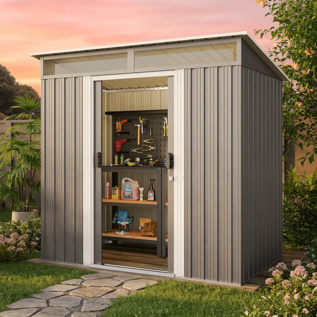 Asofer 6'x4' Outdoor Storage Shed with Window, Heavy Duty Galvanized Steel Metal Shed for Backyard & Patio, Dark Gray 2936