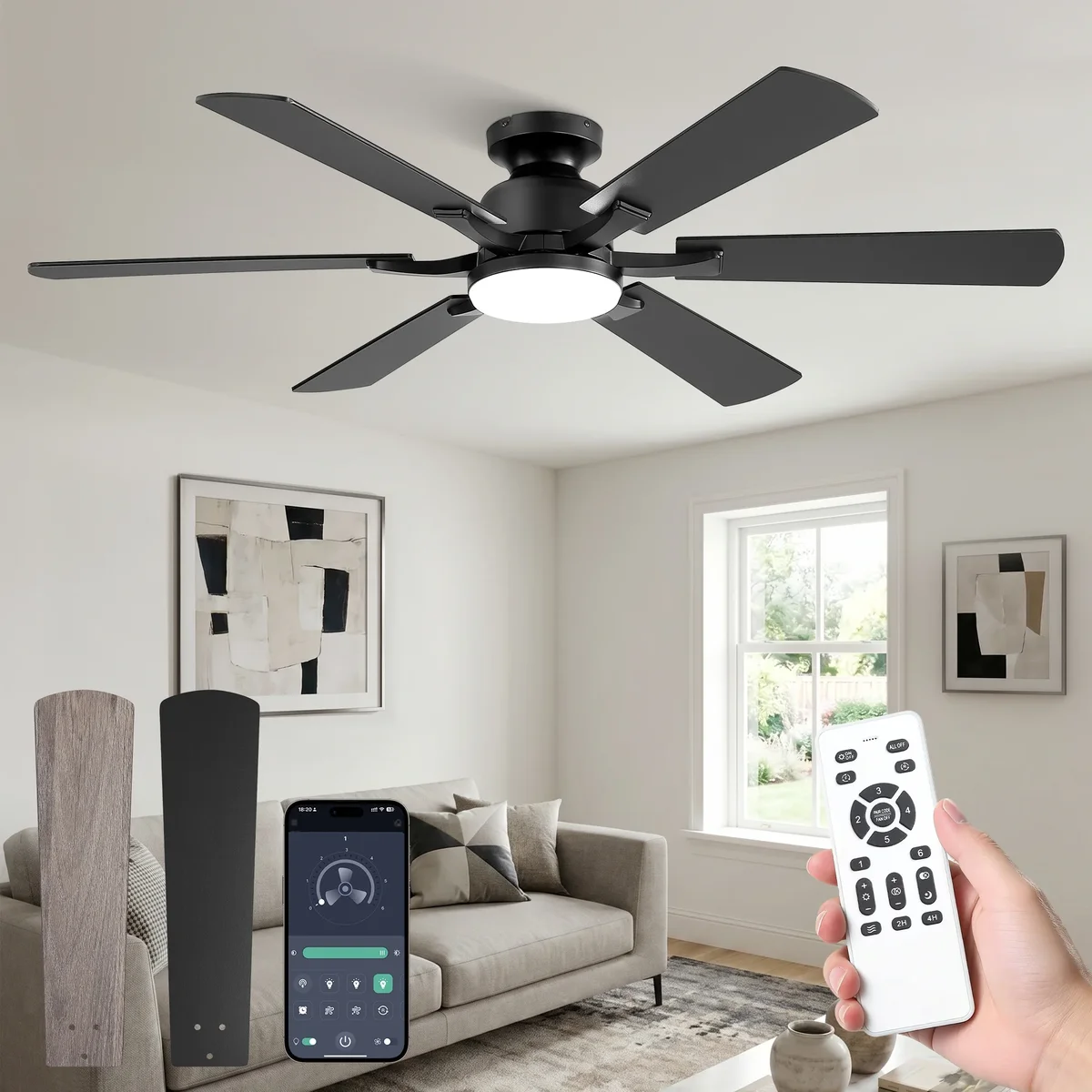Lokivas 52in Ceiling Fan with Light and Remote Control, Flush Mount Ceiling Fan with Reversible 6 Speeds DC Motor, 6 Dual Finish Blades for Indoo 9865