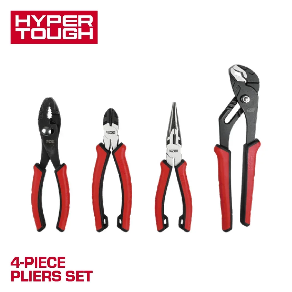 Hyper Tough 4-Piece CR-V Pliers Set with Dual Material Comfort Grips 2514
