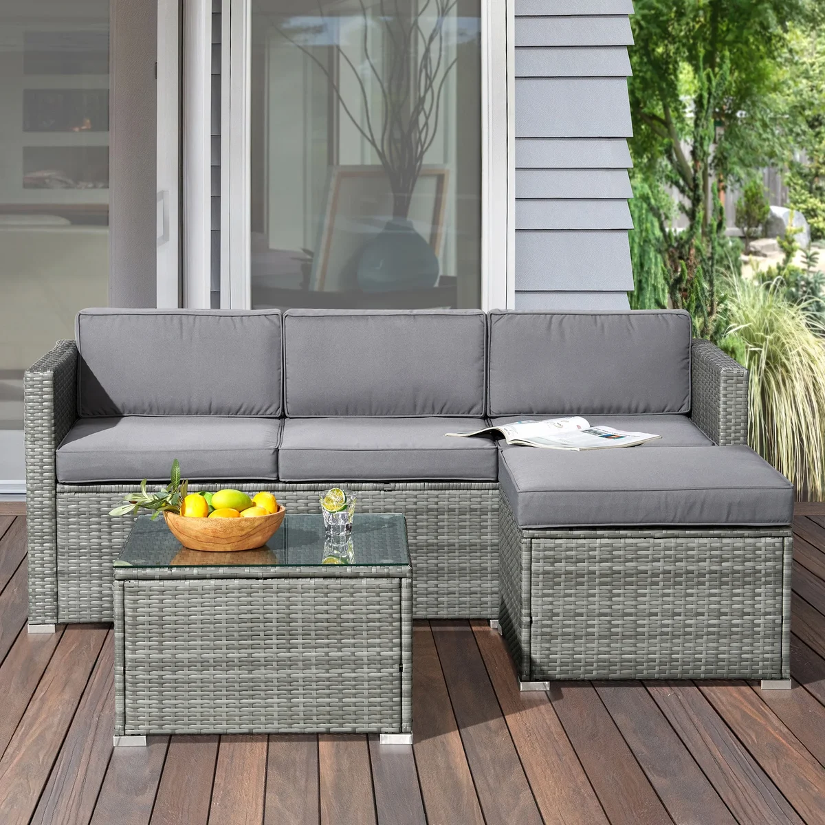 Lavish Home 3-Piece Cushioned Rattan Sectional Sofa Outdoor Patio Furniture Set, Gray 3785