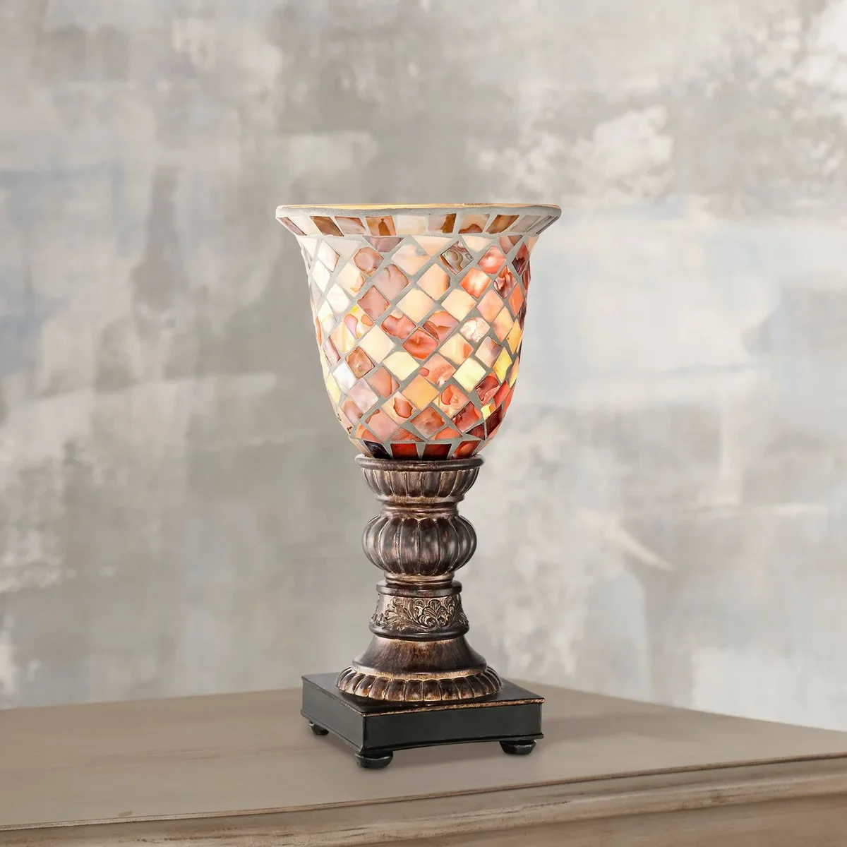 Regency Hill Traditional Uplight Accent Table Lamp 12" High Bronze Brown Mosaic Ivory Glass Shade for Bedroom Bedside Nightstand House Home Offic 5735