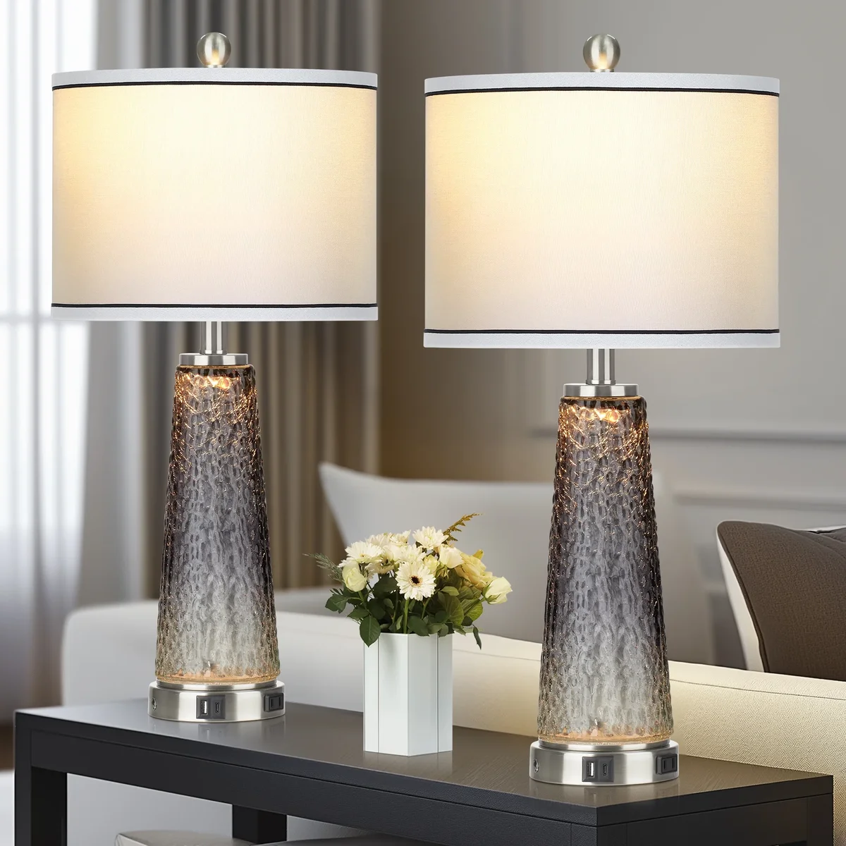 Cinkeda Modern Table Lamp Set of 2 for Bedroom Living Room with USB A+C Ports AC Outlet Gradient Grey Glass Nightlight Nightstand Bedside Lamps 9332