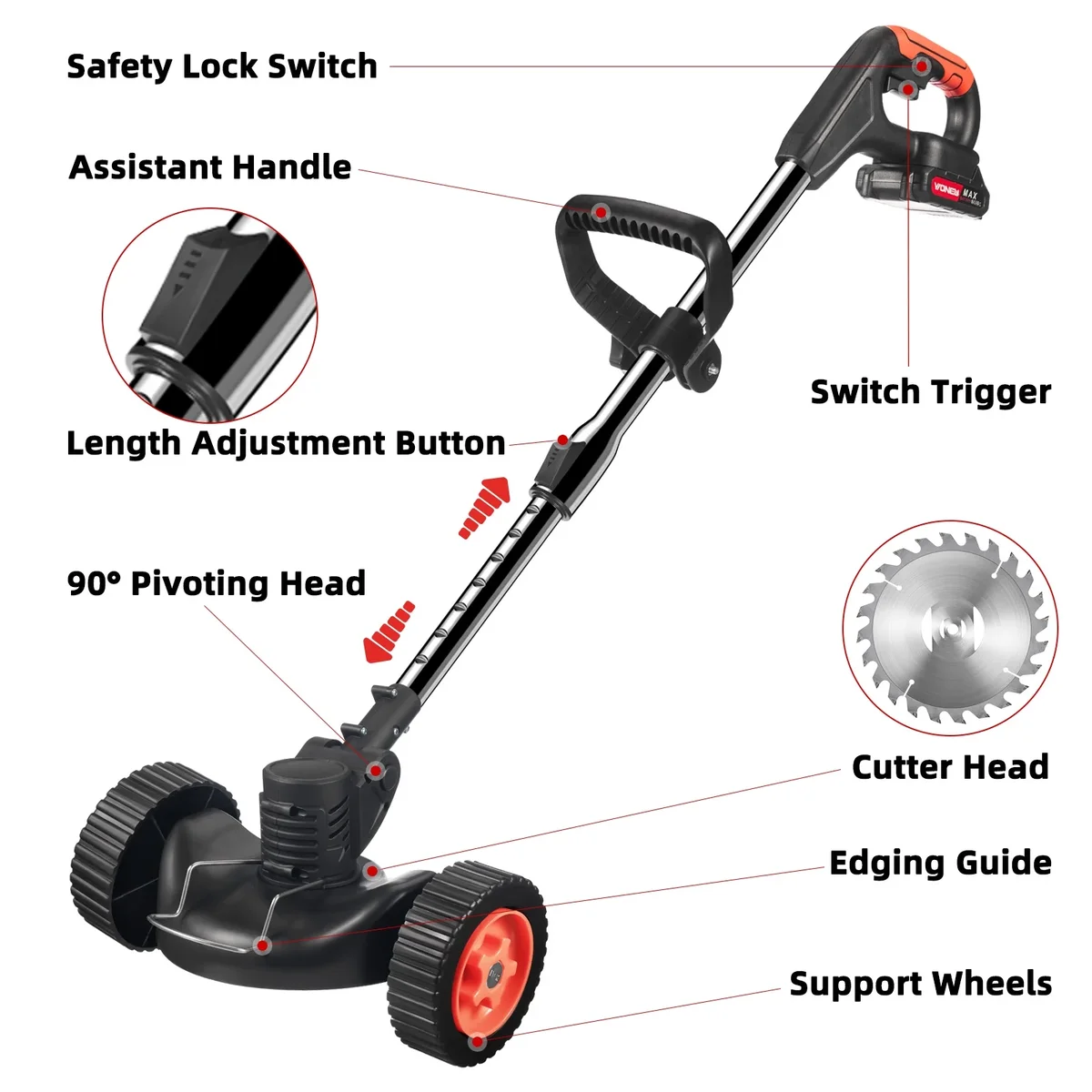 KingFurt Electric weed eaters, Cordless string trimmer,21V Weed Wacker,Lawn Edger with 3 Blades, with Wheels Grass Edger for Lawn Yard Garden 1989