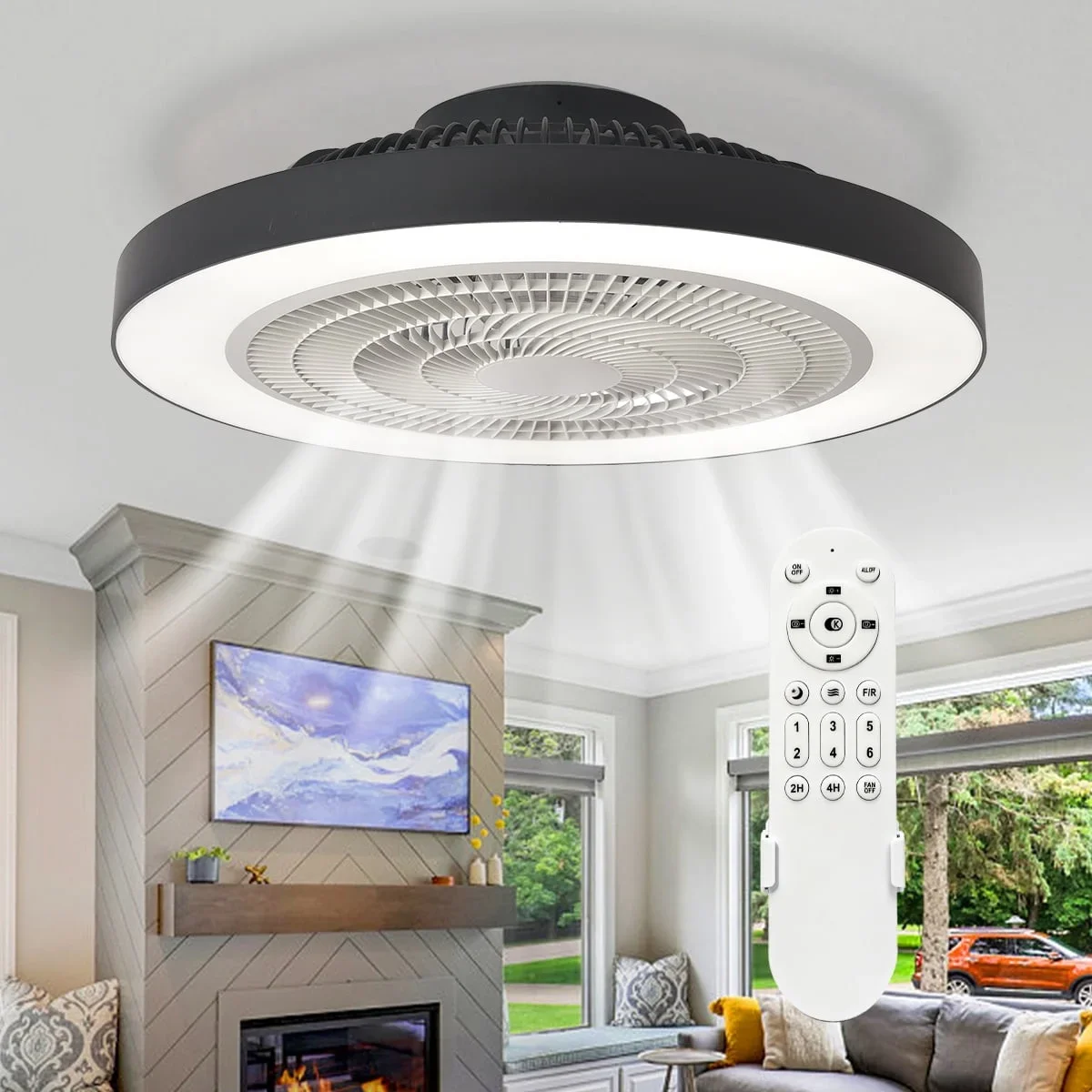 Minney 20 Inch Low Profile Ceiling Fans With Lights, Led Bladeless Ceiling Fan, Remote Control Enclosed Flush Mount Ceiling Fan With Timming, 3000-6000K 3380