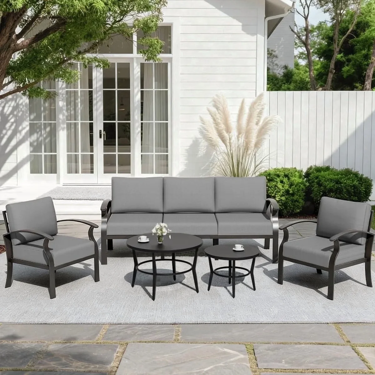 ALAULM 5-Seat Aluminum Patio Furniture Set, Outdoor Patio Conversation Set with 2 Round Metal Coffee Tables and 5.1" Cushions for Patio Backyard  2618