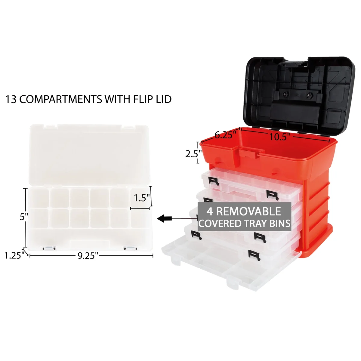 Stalwart Portable Tool Storage Box - Small Parts Organizer with 4 Multi-Compartment Trays for Fishing Tackle, Hand Tools, or Craft Supplies -(Red 2113