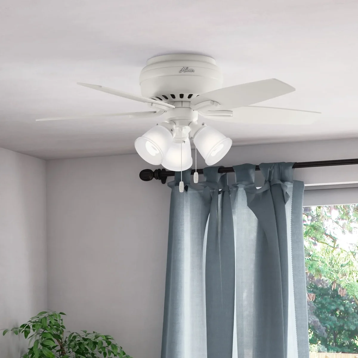 Hunter 42 inch Indoor Ceiling Fan with LED Lights - White Ceiling Fan with Pull Chain, For Bedroom or Living Room, Low Profile Mount, No Remote,  1237