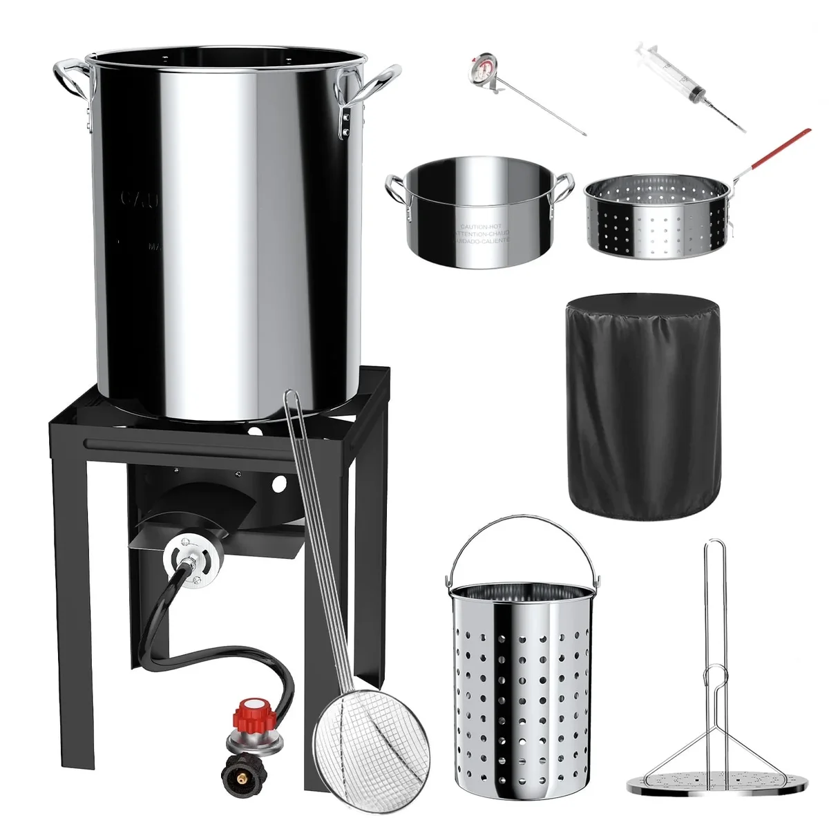 Hidpriva 30QT Stainless Steel Turkey Fryer Kit&10QT Fish Fryer Pot w/ Basket, 55000 Btu Propane Burner Stove, 12-inch Skimmer and Waterproof Cove 2406