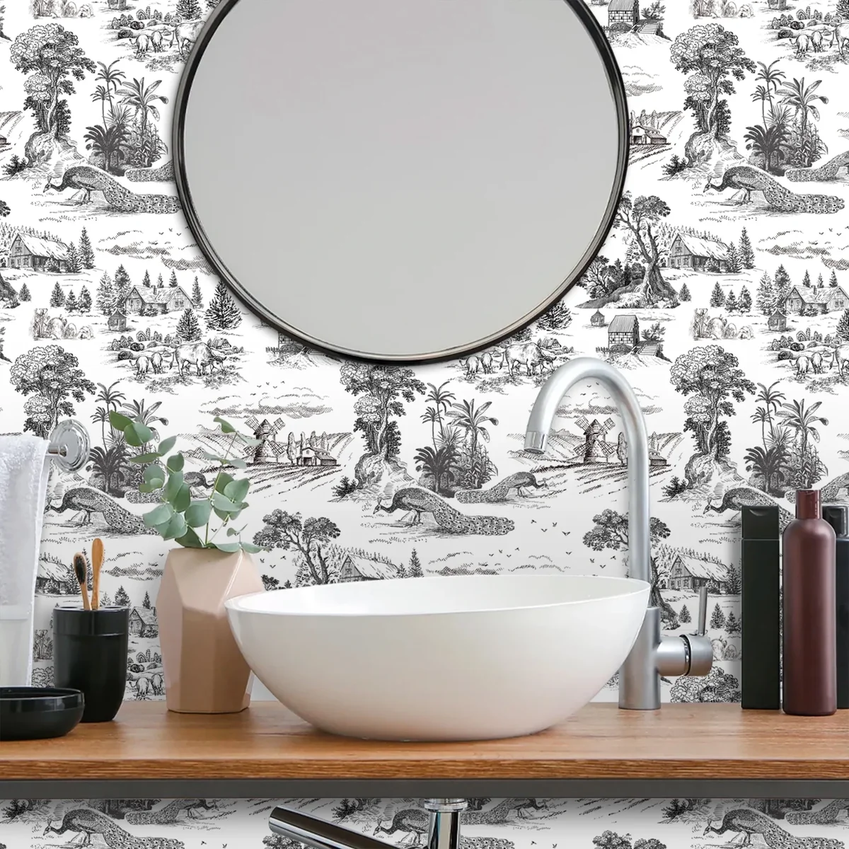 Everdaily Essentials Peel and Stick Wallpaper Black Contact Wallpaper 17.7" x 118" Vintage Peacock Contact Paper Removable Self-Adhesive Wall Paper for Kitch 2375