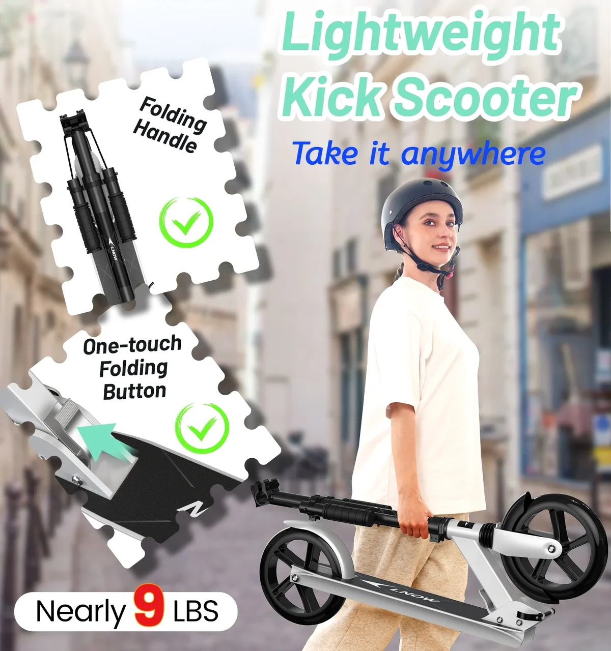 LNOW Foldable Kick Scooter-8 in Wheels for Kid, Teens & Adults, 4 Adjustable Levels, Max Load 240lbs,Lightweight 0637