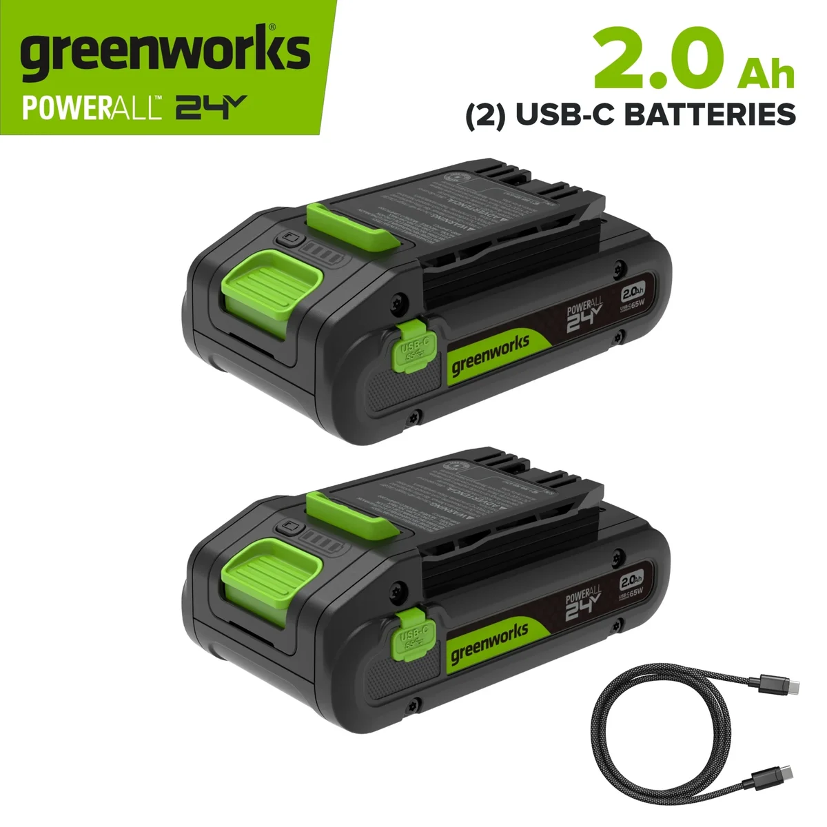Greenworks PowerAll 24V Battery 2-Pack with 2.0 Ah Batteries with Cable, K2D4NNAA3 7481