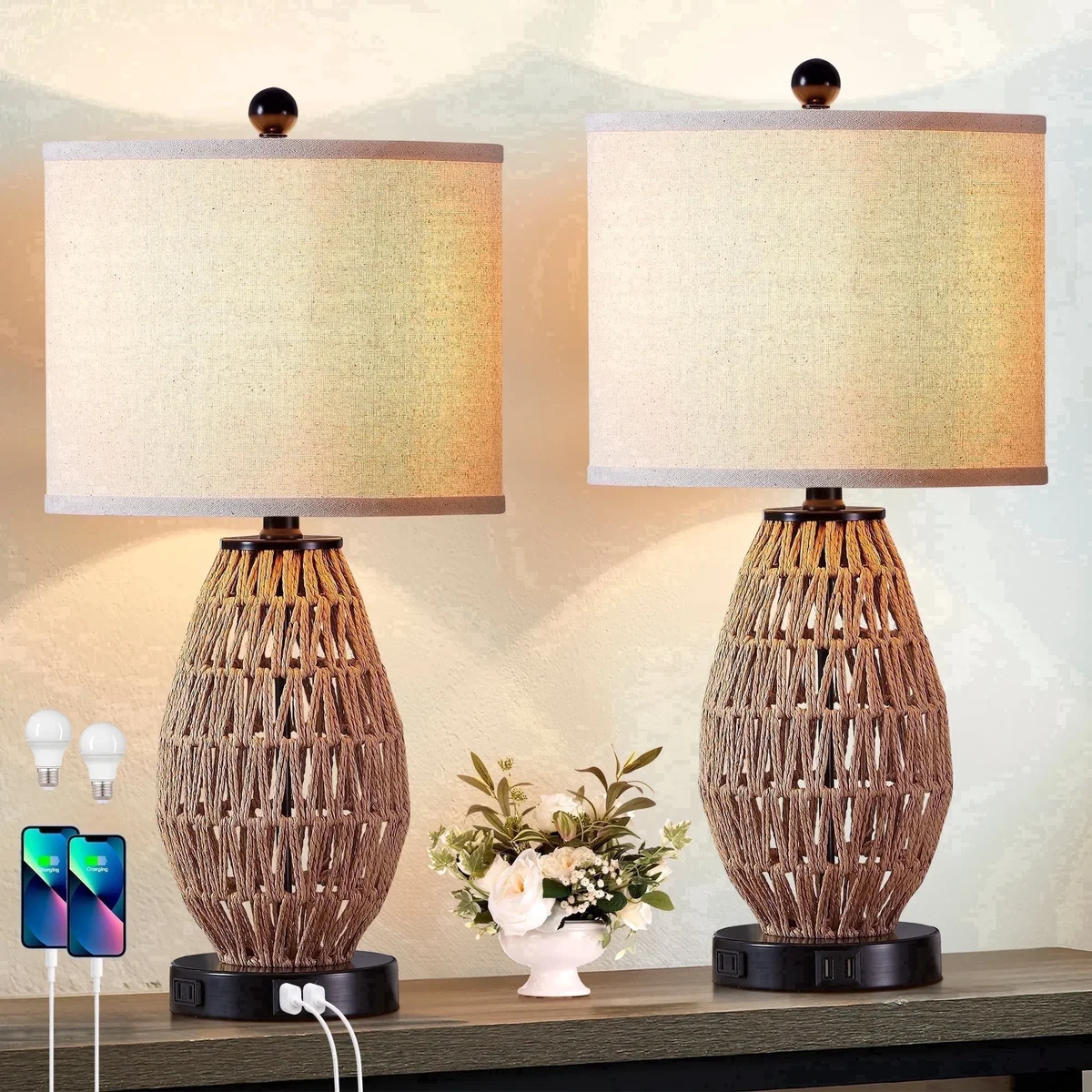 Cinkeda Rattan Touch Table Lamps with USB Ports AC Outlet Modern 3 Way Dimmable Bedside Nightstand Lamp Set of 2 for Living Room Bedroom 2404