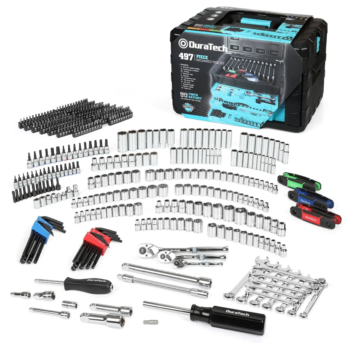 DURATECH 497-Piece Professional Mechanics Tool Set with SAE and Metric Sockets, 90-Tooth Ratchets and Wrenches, 3-Drawer Heavy Duty Tool Box 8535