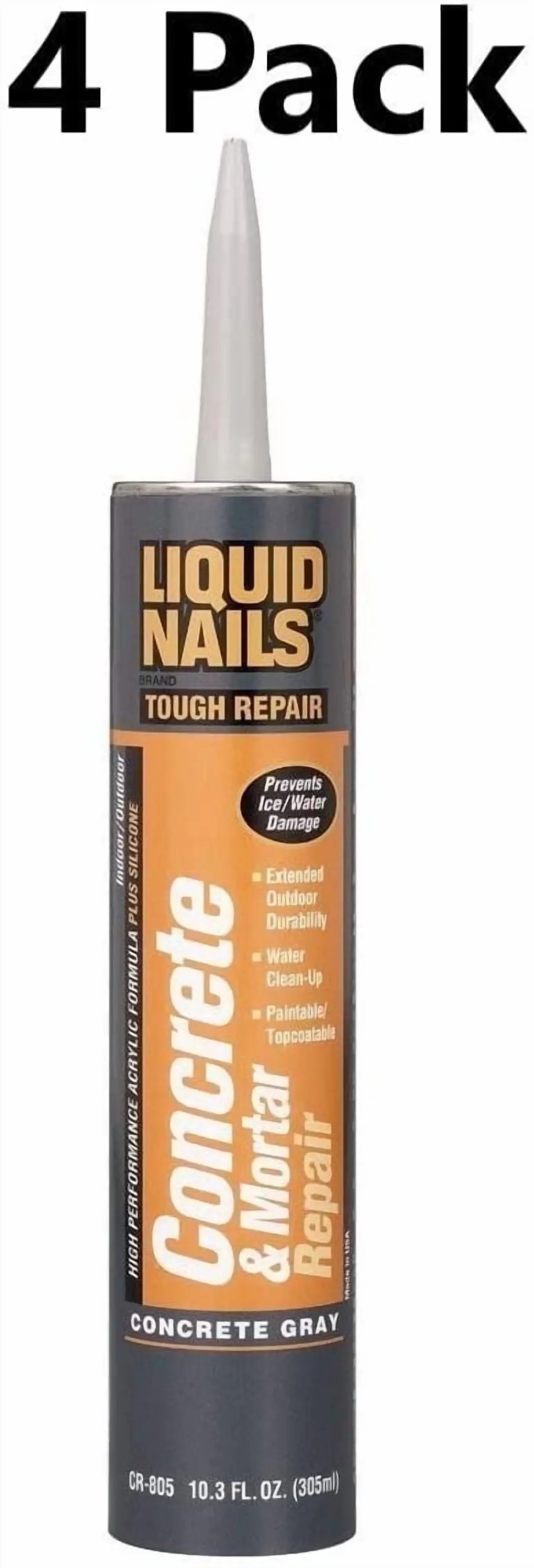LIQUID NAILS CR-805, Siliconized Acrylic Latex, Gray Concrete Industrial Sealant, 10.3 oz, 4 Piece 8669