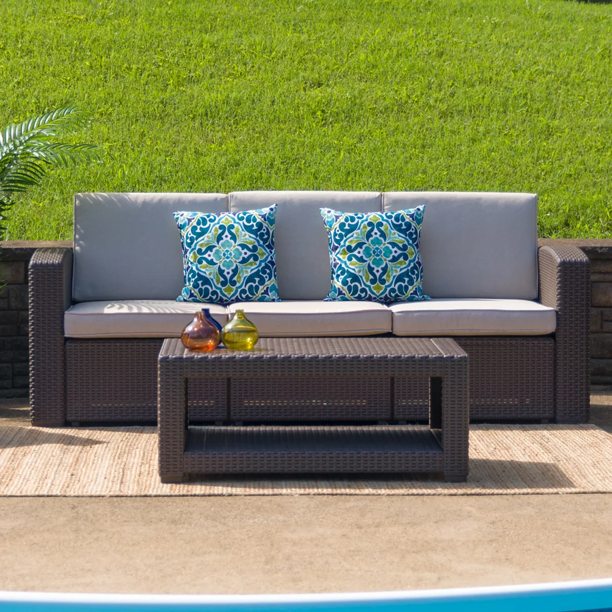 Emma + Oliver Chocolate Brown Faux Rattan Sofa with Beige Cushions 6979