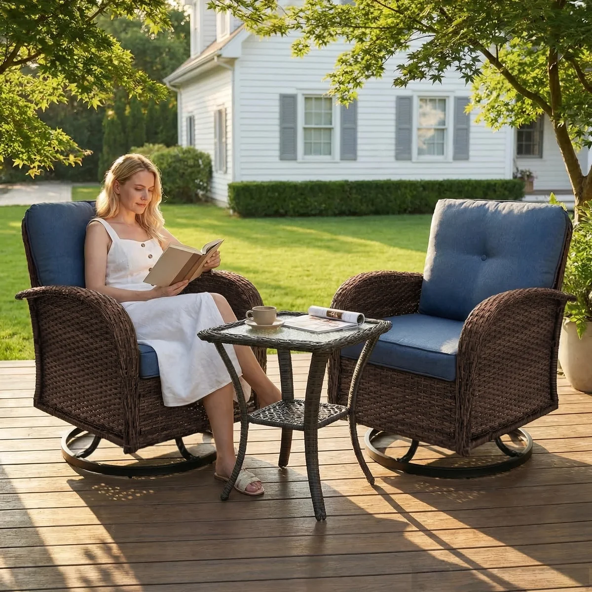 SHGJ&SOFT 3 Piece Patio Furniture Set, 2 Outdoor Swivel Rocking Chairs with Side Table, Thick Cushions Wicker Glider Chairs, All-Weather Brown Ra 5948