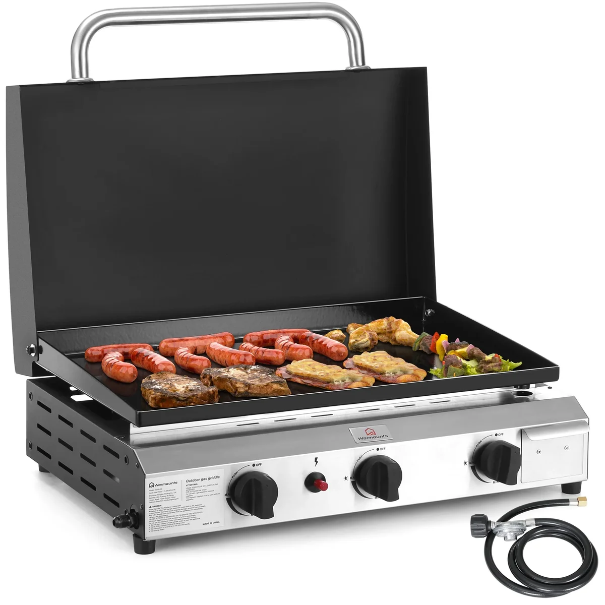 WARMOUNTS 3 Burner 23'' Portable Propane Gas Griddle, 21000 BTU Flat Top Grill with Lid, Table Top Griddle with Nonstick Enameled Tray, grease pa 3180