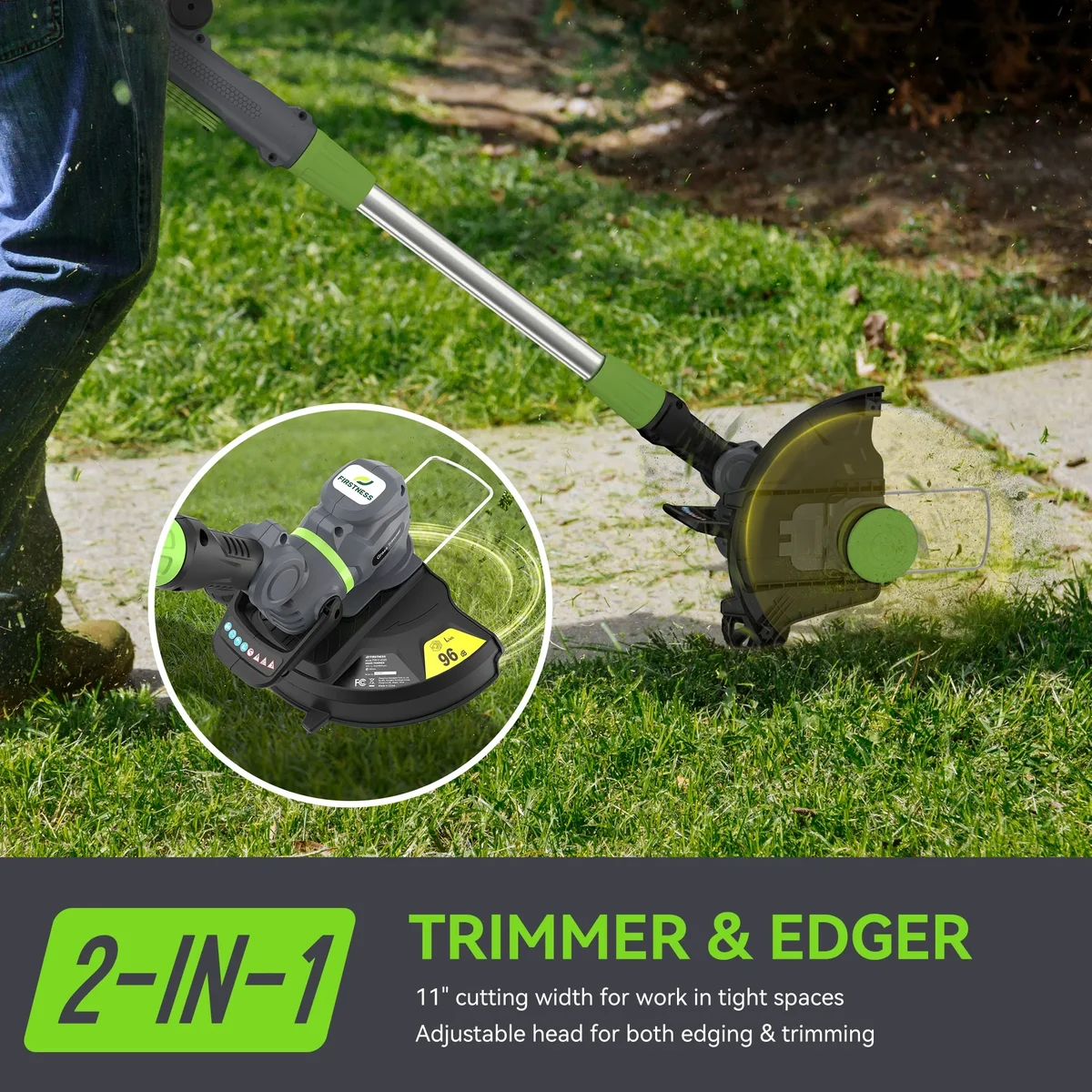 Firstness String Trimmer Cordless, 20V Electric Weed Wacker with 2 Batteries & Charger, Powerful 8500 RPM, Grass Trimmer & Edger for Lawn Care, Y 0189