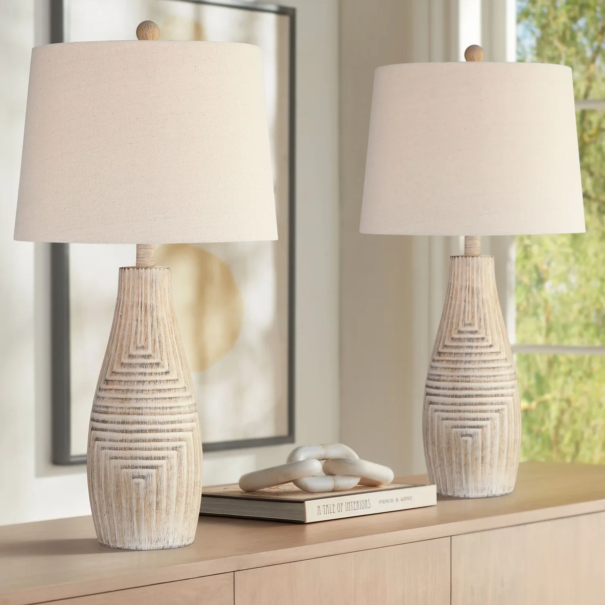Everdaily Essentials Chico 27" Tall Modern Southwest Rustic Table Lamps Set of 2 Brown Light Wood Finish Living Room Oatmeal Shade 4622