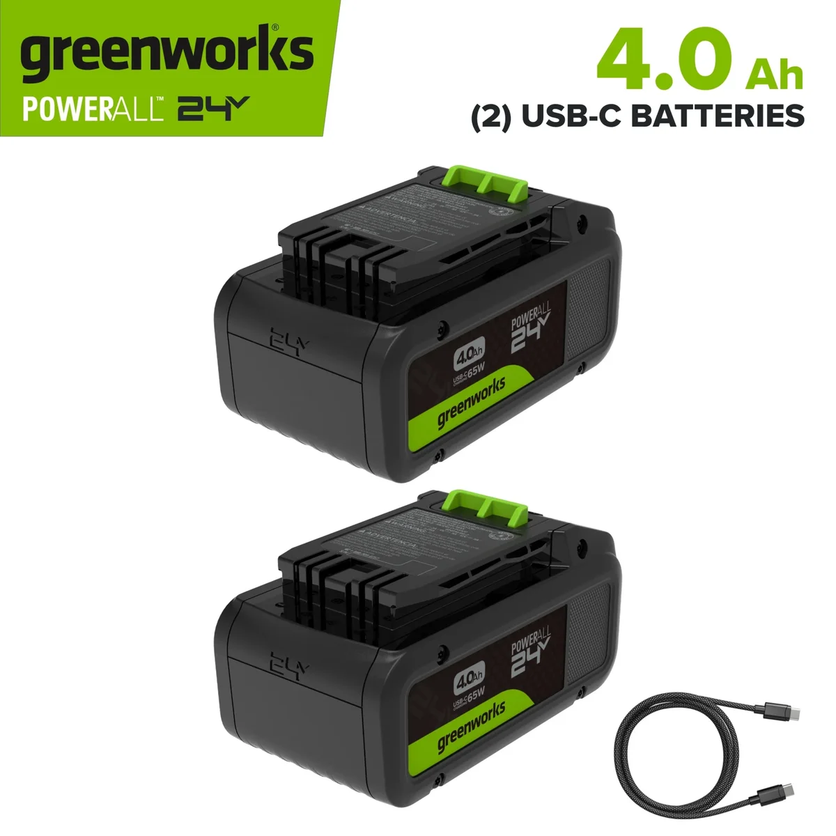 Greenworks PowerAll 24V Battery 2-Pack, (2) 4.0Ah Battery and Cable, K2D8NNAA3 8455