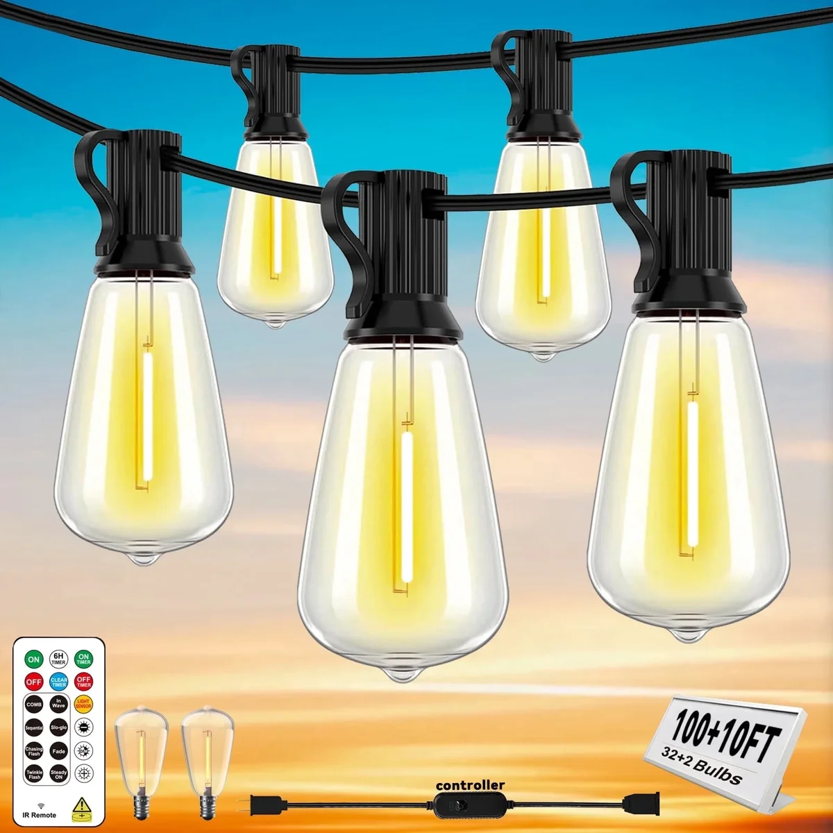 SINAMER 100+10FT LED Outdoor String Lights with Remote, Light Sensor Mode & DIY Timer, 32 Shatterproof ST38 Edison Bulbs, Waterproof & Weatherproof for P 0243