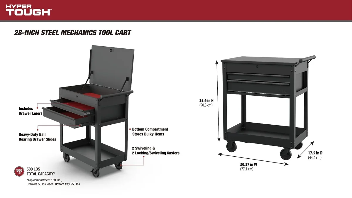 Hyper Tough 28-inch Steel Mechanics Tool Cart, 500 lb Capacity, Powder-Coated Finish, Black 0202
