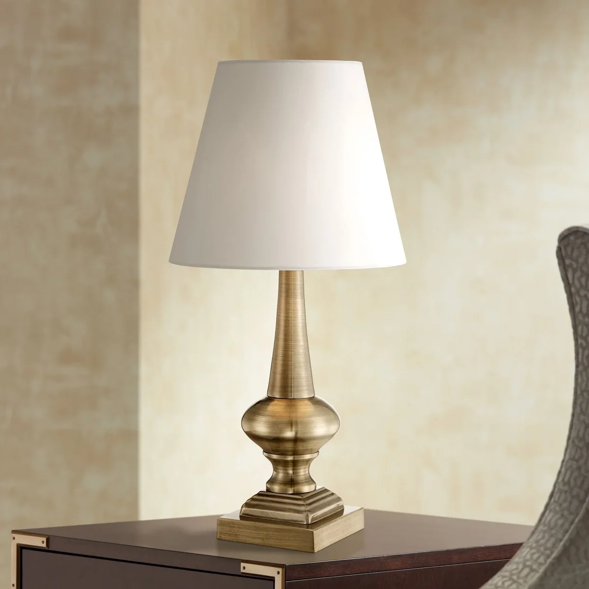 Everdaily Essentials Traditional Desk Table Lamp 19" High Antique Brass Metal White Empire Shade Touch On Off for Bedroom Bedside Office 4016