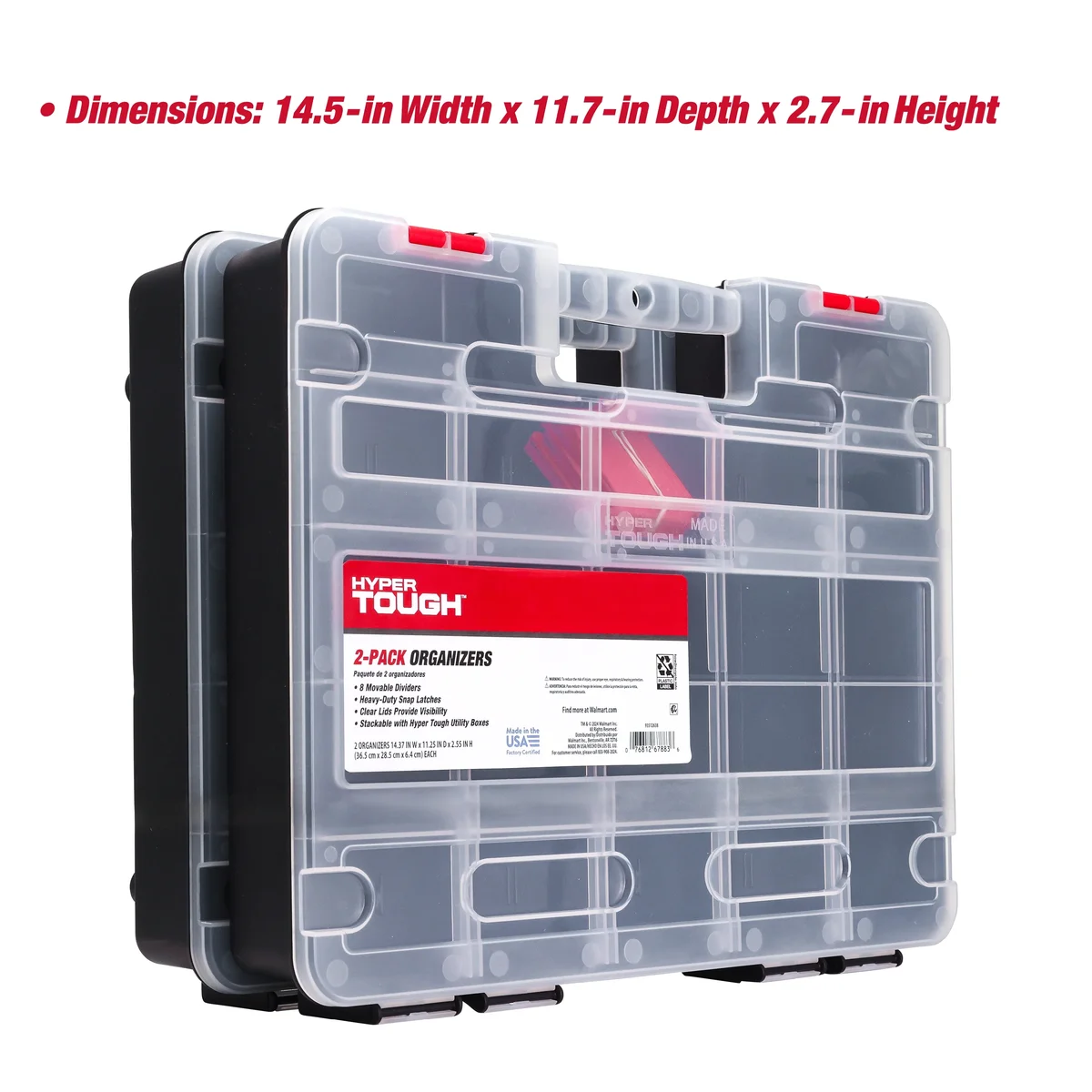 Hyper Tough 2-Pack Organizer, Stackable Plastic with 8 Movable Dividers, 93512638 8586