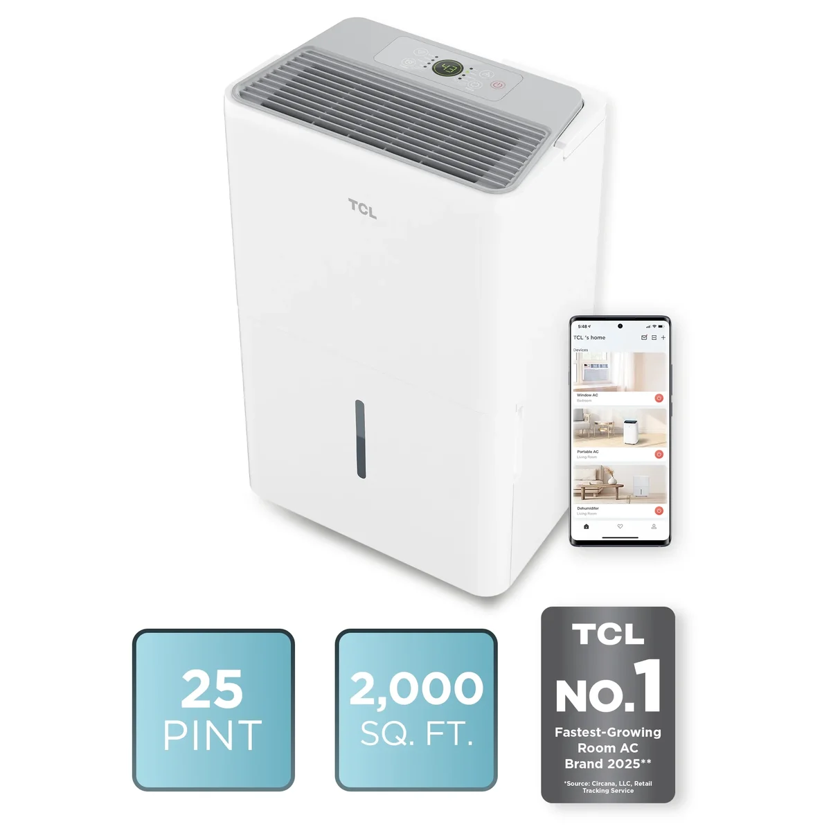 TCL 25 Pint Smart Dehumidifier (White) - Energy Star Certified, Precise Humidity Control, Quiet Operation, Bucket and Continuous Drain, Compact & 8818