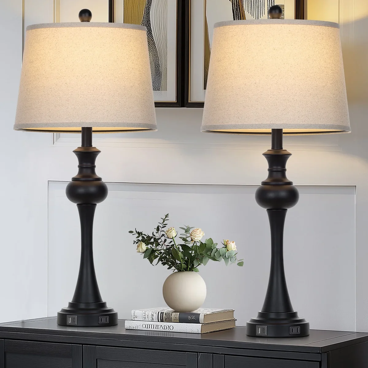 Cinkeda 3 Way Dimmable Tall Table Lamp Set of 2 with USB A+C Ports AC Outlet for Living Room Bedroom 28" Industrial Black Touch Control Nightstan 7917