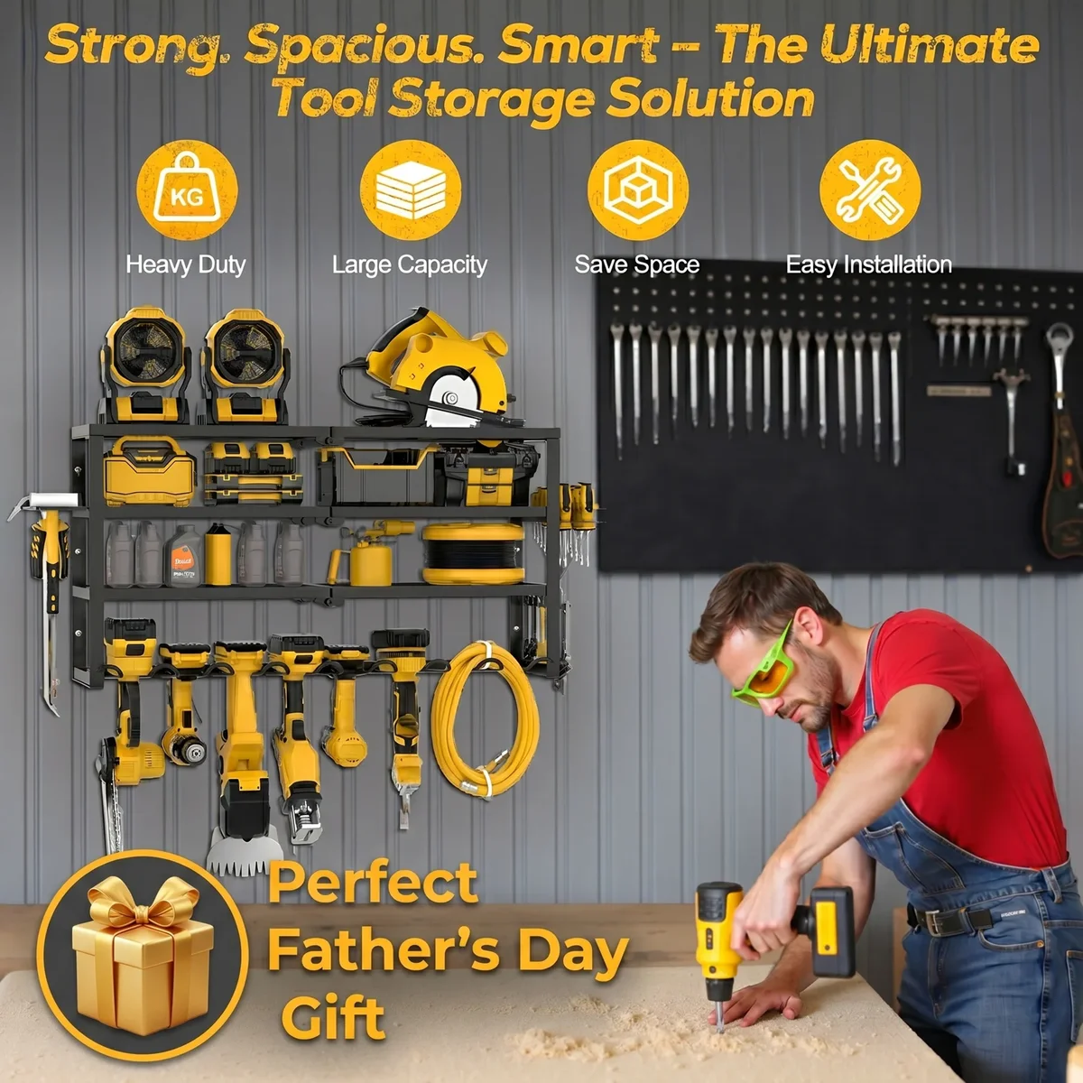 Riousery Heavy Duty Power Tool Organizer Wall Mount, 4-Tier Garage Storage Tool Rack with 8 Cordless Drill Holders, 350 LBS Capacity 6705