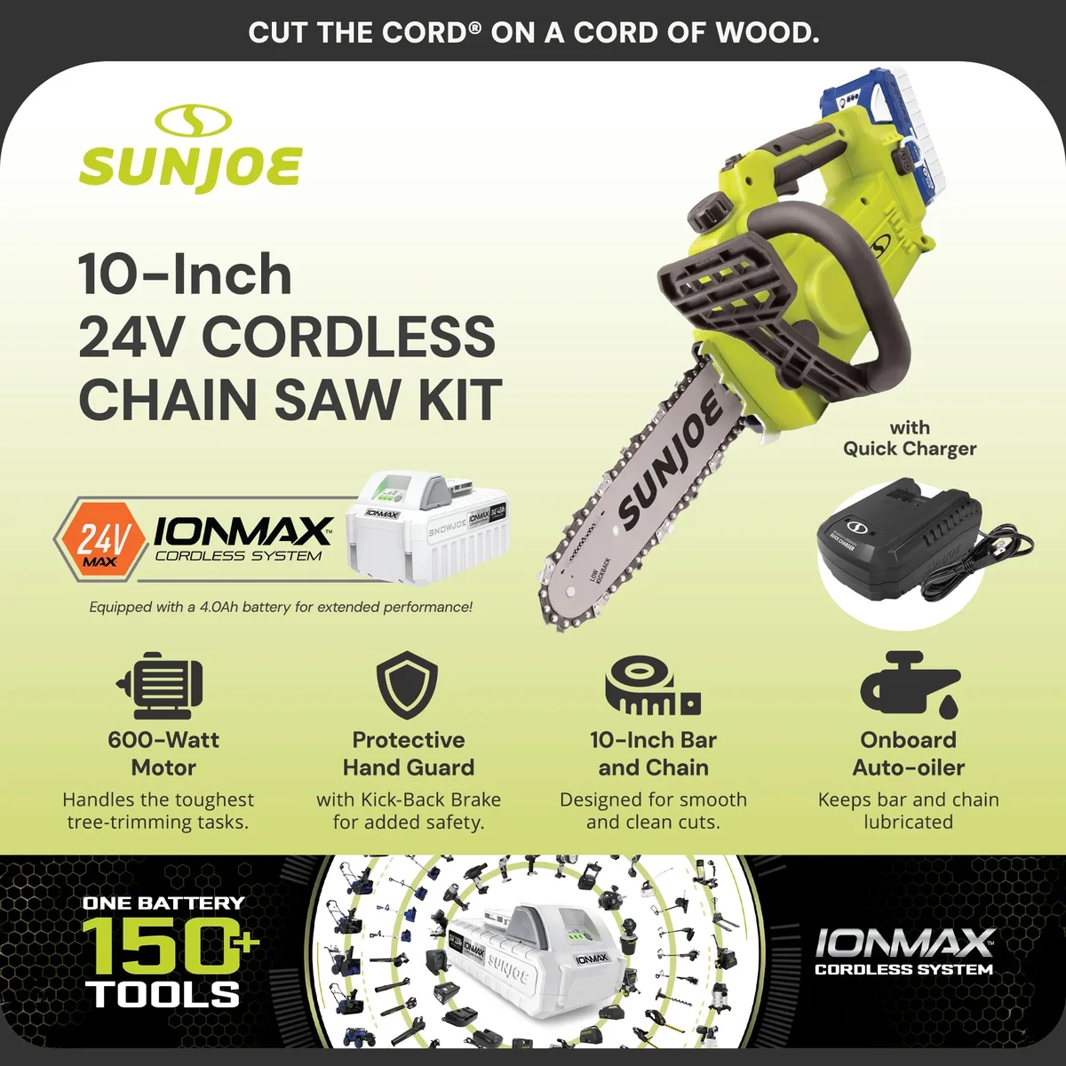 Sun Joe 10" Cordless Chain Saw, 24V Wood Cutting Tool Kit with Battery, 24V-10CS 3262