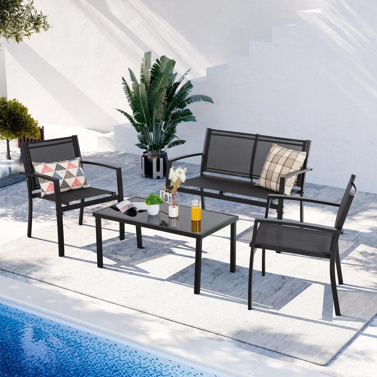 Walsunny 4 Pieces Outdoor Furniture Set All Weather Patio Textilene Steel Conversation Set, Patio Furniture Set Bistro Set with Loveseat ea Table 4291