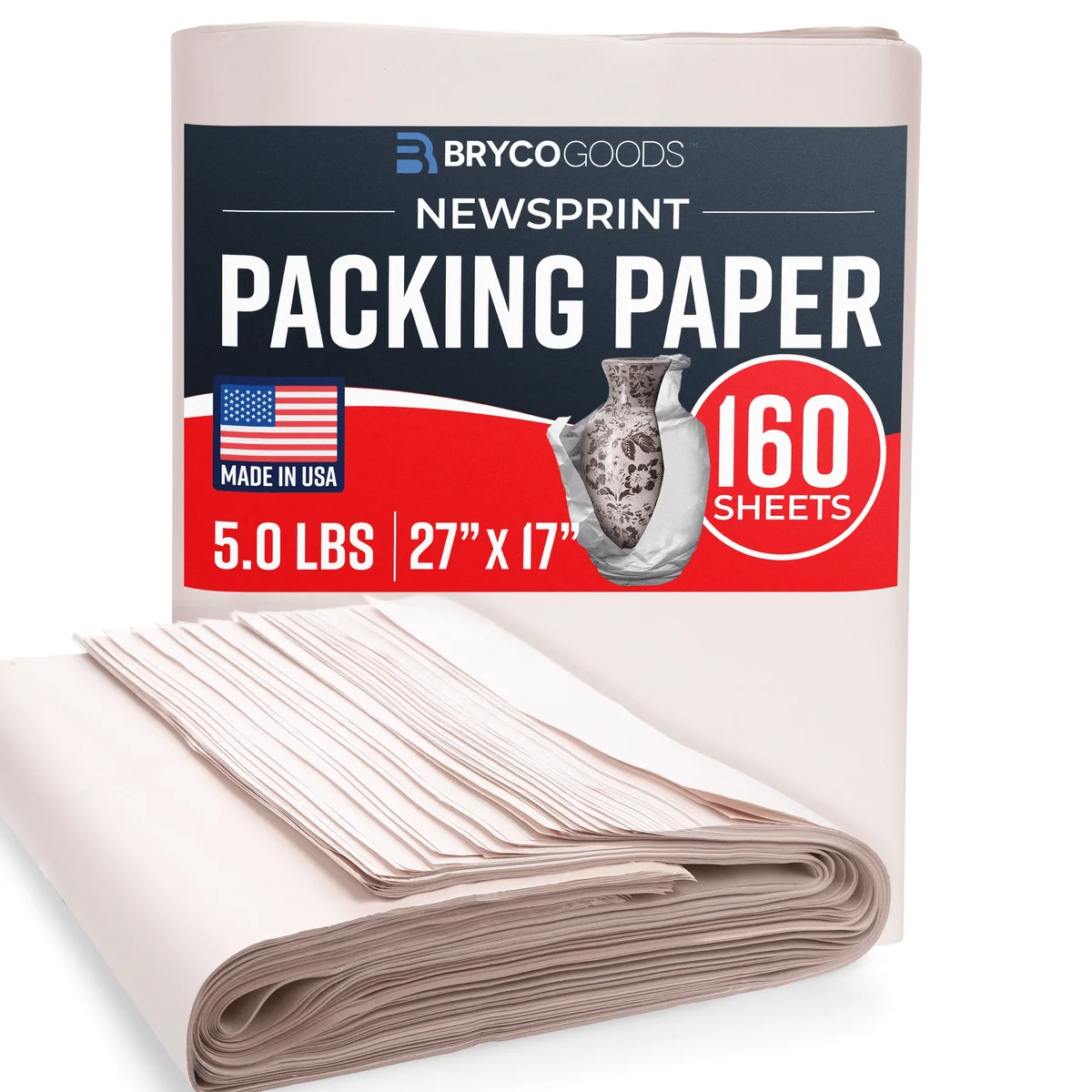 Bryco Goods Packing Paper Sheets for Moving - 5lb - 160 Sheets of Newsprint Paper - Must Have in Your Moving Supplies - 27" x 17" - Made in USA 5987