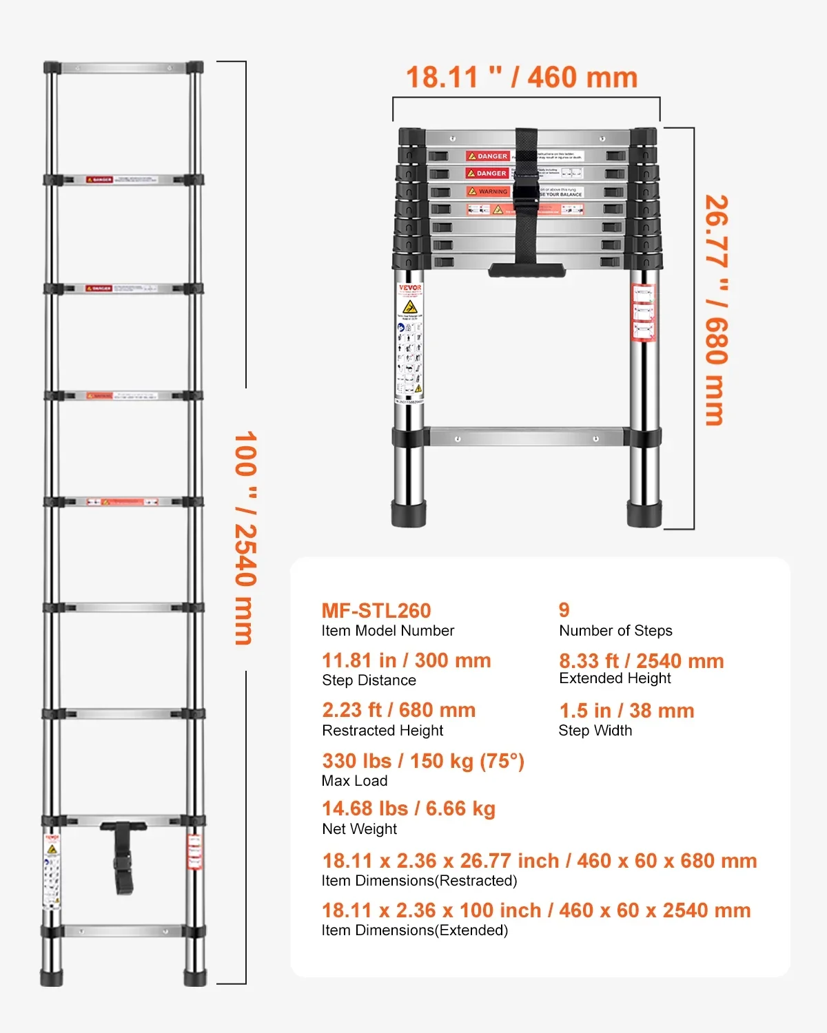 VEVOR Telescoping Ladder, 8.5ft 330LB Stainless Steel Extension Ladder with Non-Slip Feet, 9-Step Collapsible Ladder for Home/RV/Loft 4591