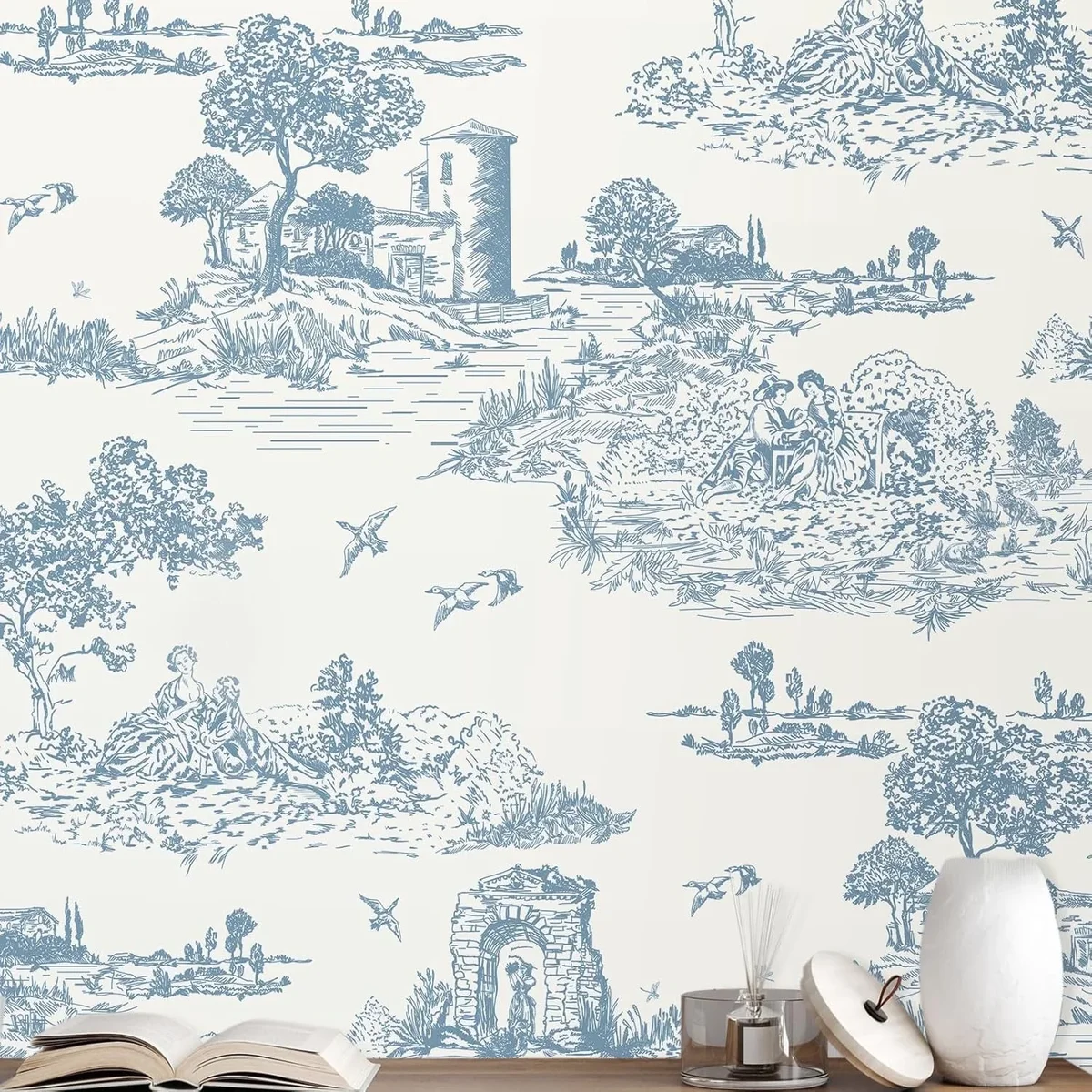 DAZLUTE Mural Peel and Stick Wallpaper 17.7” X 394” ,Blue and White Removable Wallpaper,Self-Adhesive Contact Paper 6847