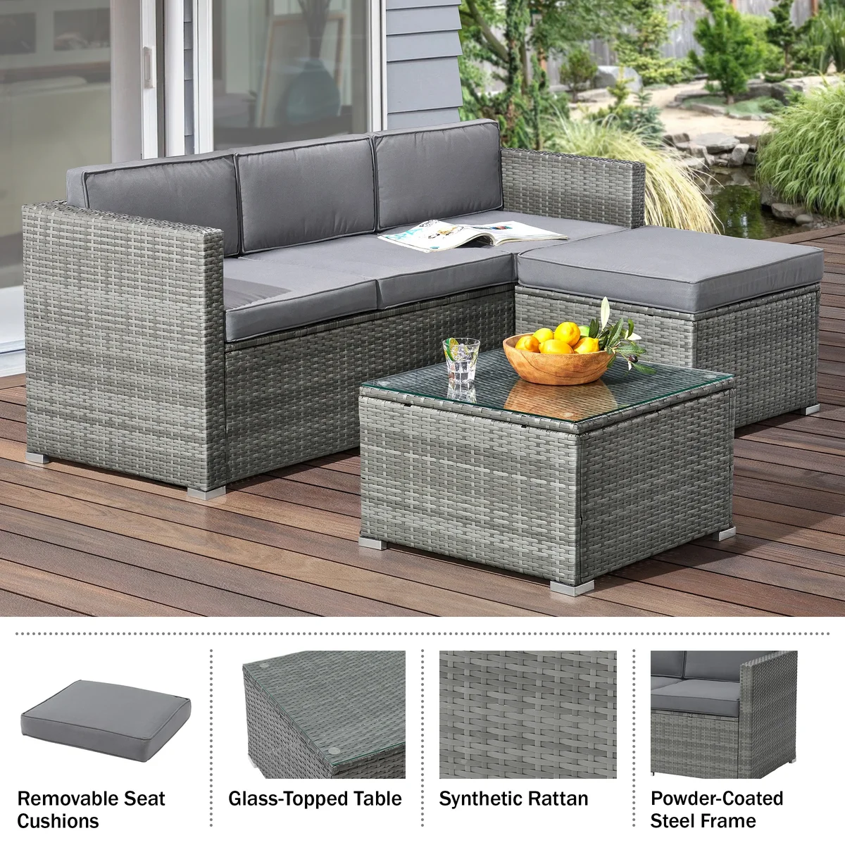 Lavish Home 3-Piece Cushioned Rattan Sectional Sofa Outdoor Patio Furniture Set, Gray 3785
