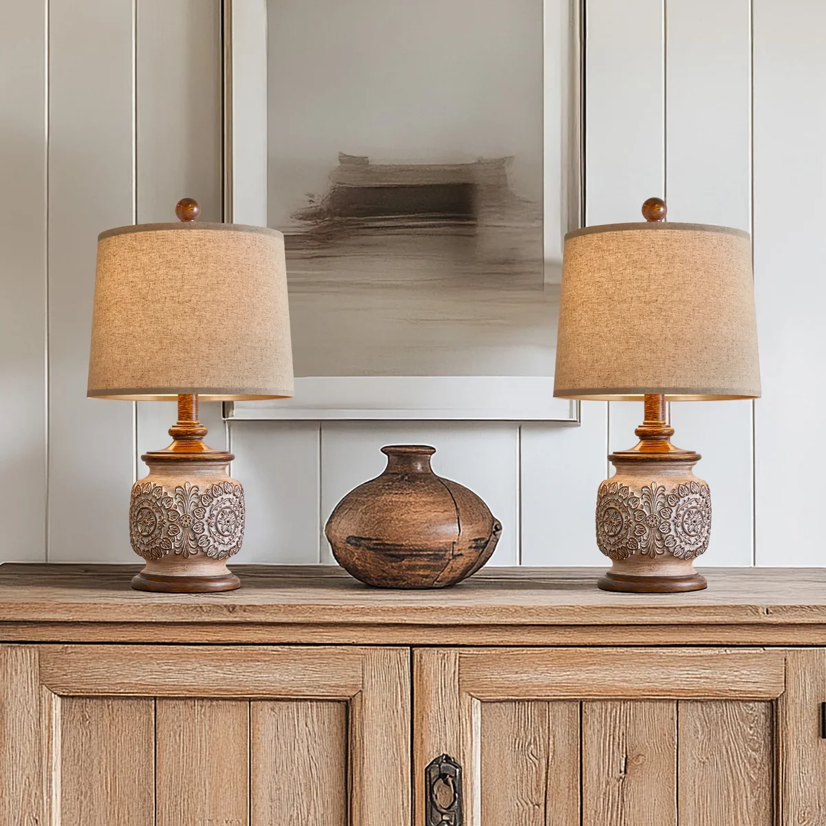 Oneach Vintage Table Lamps Bedside Lamp Set of 2 for Bedroom Living Room 18.75" Retro Farmhouse Floral Nightstands Lamps Resin 9549